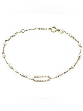 14K Real Yellow Gold Pearl “paper Clip” And Diamond Bracelet 6.5,6.75",7"